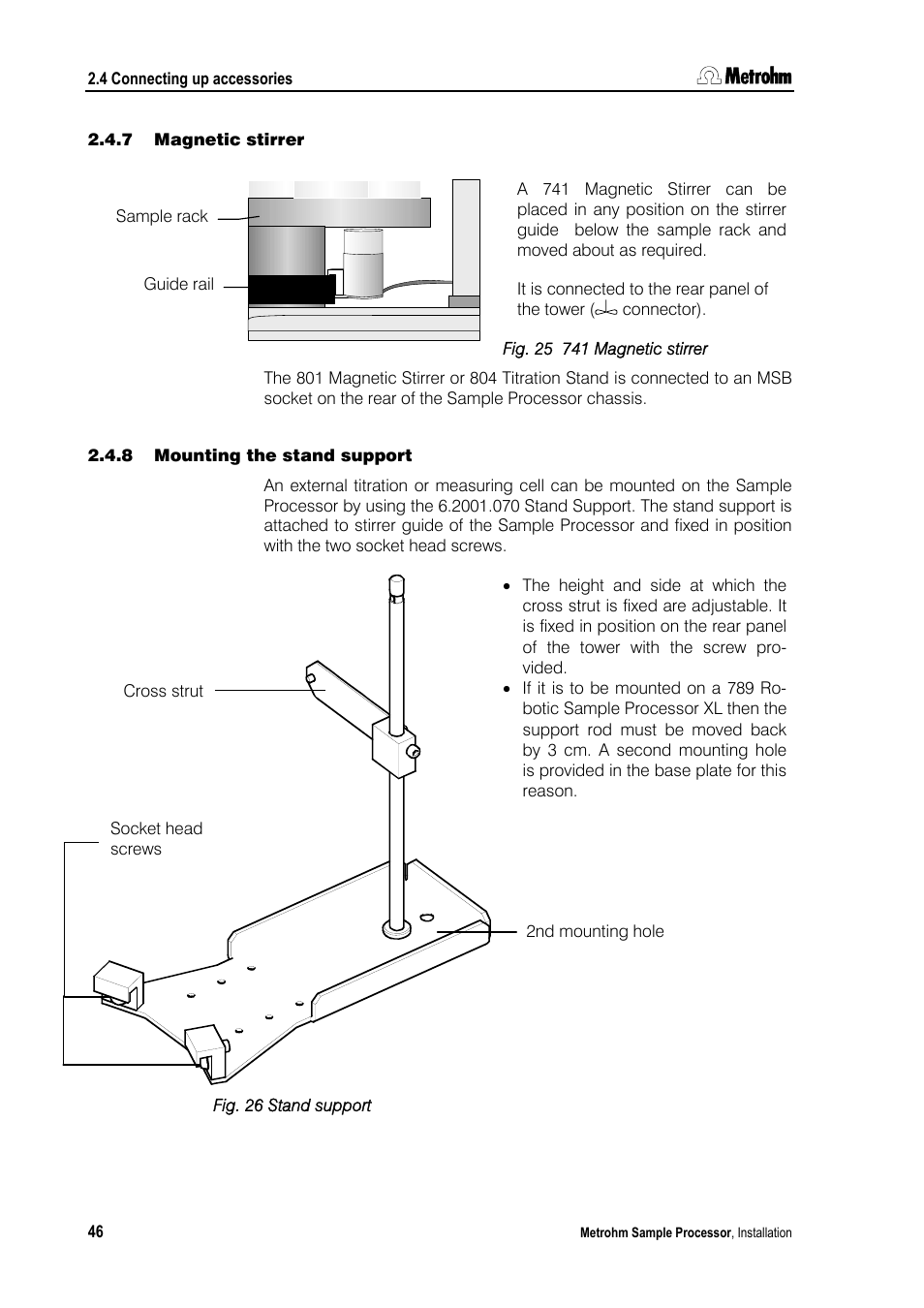 7 magnetic stirrer, 8 mounting the stand support | Metrohm 789 Robotic Sample Processor XL User Manual | Page 54 / 177