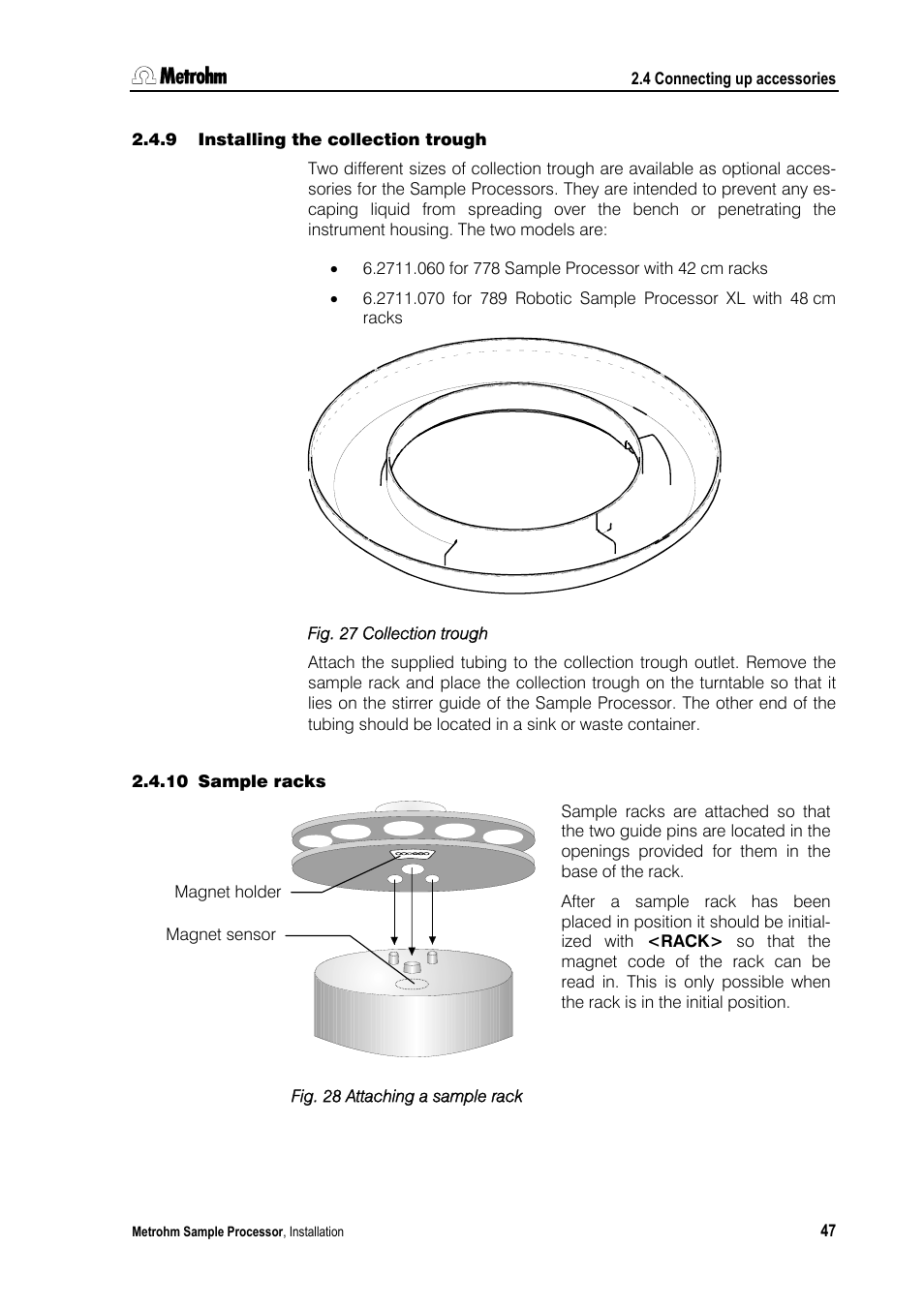 9 installing the collection trough, 10 sample racks | Metrohm 789 Robotic Sample Processor XL User Manual | Page 55 / 177