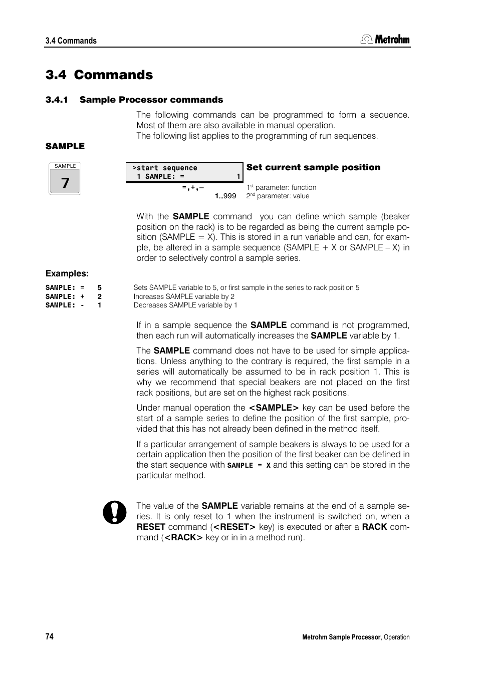 4 commands, 1 sample processor commands | Metrohm 789 Robotic Sample Processor XL User Manual | Page 82 / 177
