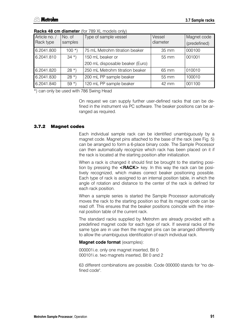 2 magnet codes | Metrohm 789 Robotic Sample Processor XL User Manual | Page 99 / 177