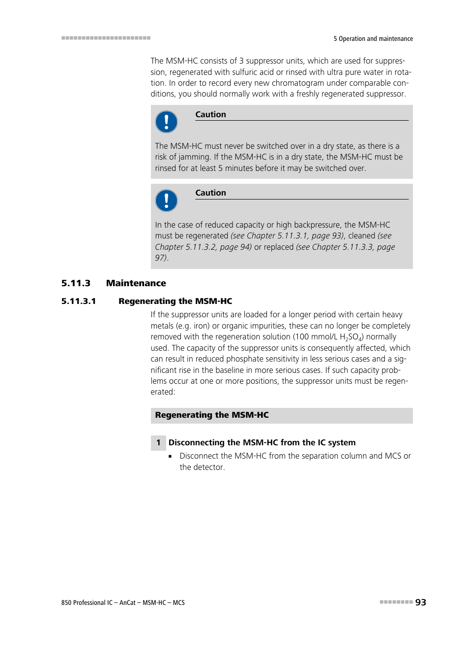 3 maintenance, 1 regenerating the msm‑hc, Maintenance | Metrohm 850 Professional IC AnCat MSM-HC MCS User Manual | Page 103 / 146