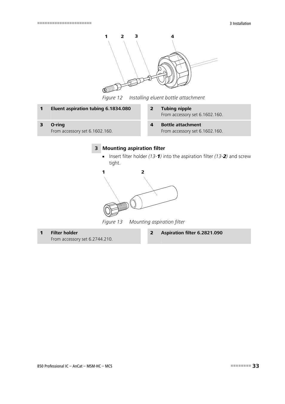 Figure 12, Installing eluent bottle attachment, Figure 13 | Mounting aspiration filter, Tubing (12-1), Ration tubing (12-1) | Metrohm 850 Professional IC AnCat MSM-HC MCS User Manual | Page 43 / 146