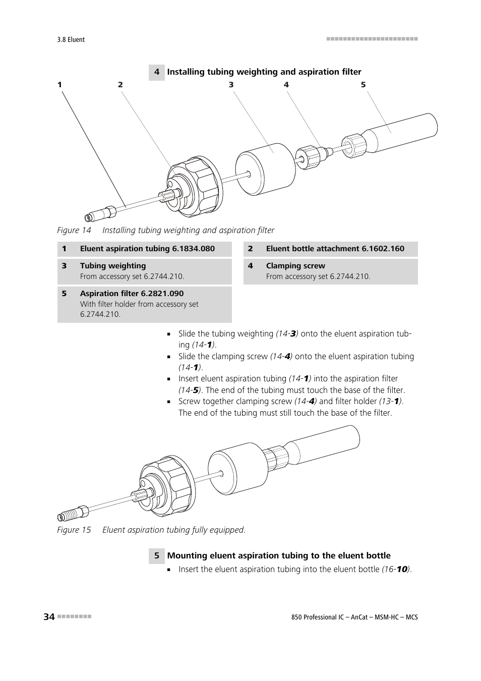 Figure 14, Installing tubing weighting and aspiration filter, Figure 15 | Eluent aspiration tubing fully equipped | Metrohm 850 Professional IC AnCat MSM-HC MCS User Manual | Page 44 / 146