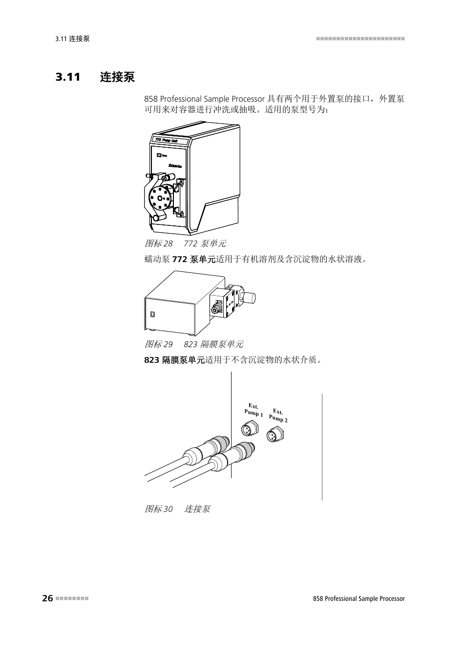 11 连接泵, 772 泵单元, 823 隔膜泵单元 | Metrohm 858 Professional Sample Processor User Manual | Page 34 / 98