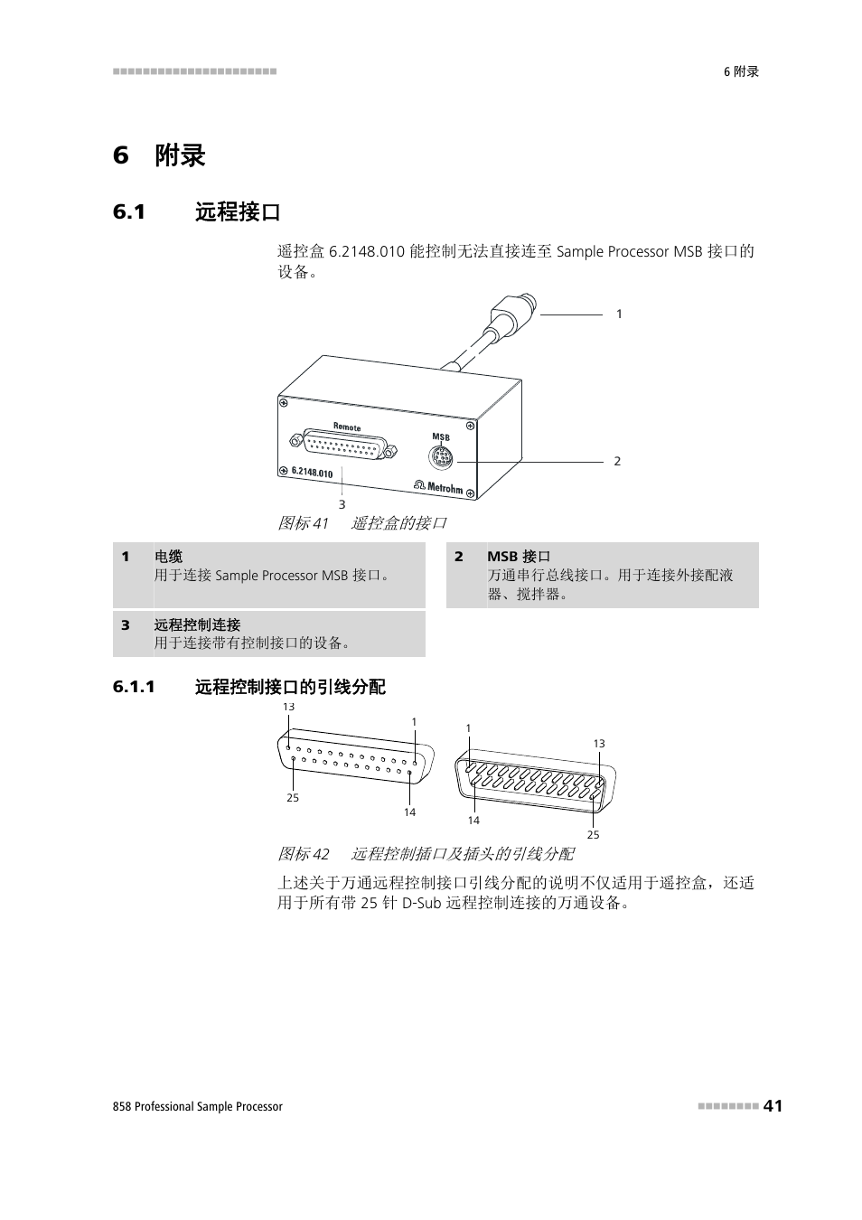 6 附录, 1 远程接口, 1 远程控制接口的引线分配 | 远程接口, 远程控制接口的引线分配, 遥控盒的接口, 远程控制插口及插头的引线分配, 第41 页, 关于遥控接口引腿的分配的 | Metrohm 858 Professional Sample Processor User Manual | Page 49 / 98