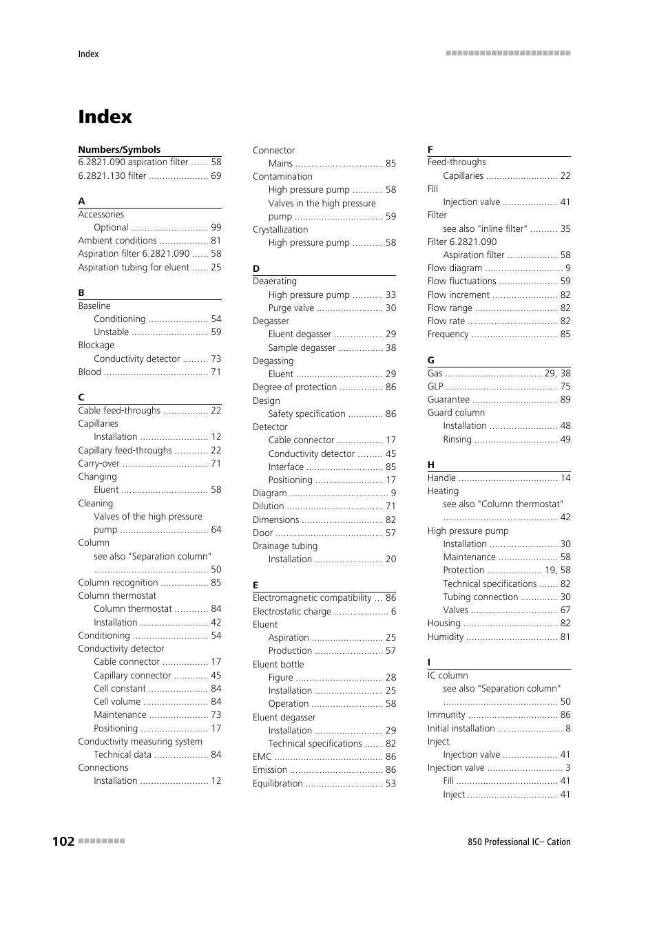 Index | Metrohm 850 Professional IC Cation Manual User Manual | Page 110 / 112