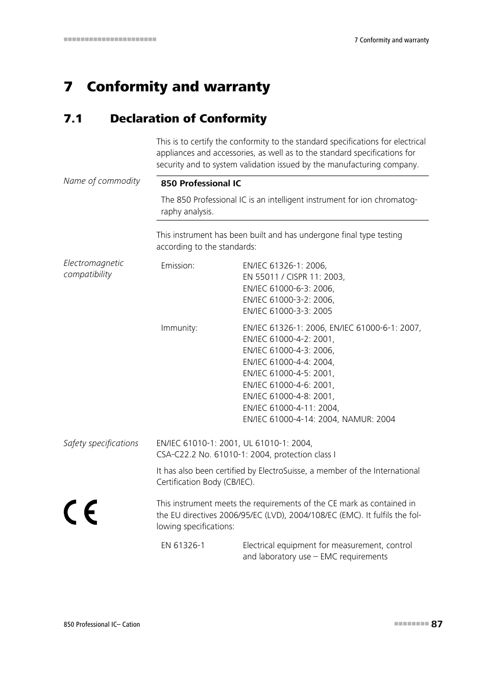 7 conformity and warranty, 1 declaration of conformity, Declaration of conformity | Metrohm 850 Professional IC Cation Manual User Manual | Page 95 / 112