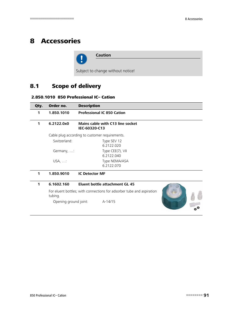 8 accessories, 1 scope of delivery, Scope of delivery | Metrohm 850 Professional IC Cation Manual User Manual | Page 99 / 112