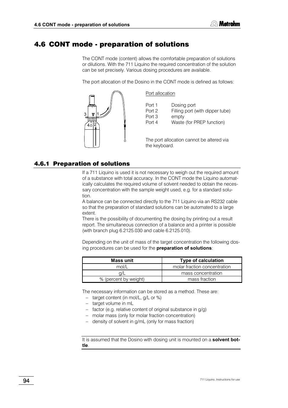 6 cont mode - preparation of solutions, 1 preparation of solutions | Metrohm 711 Liquino User Manual | Page 100 / 180