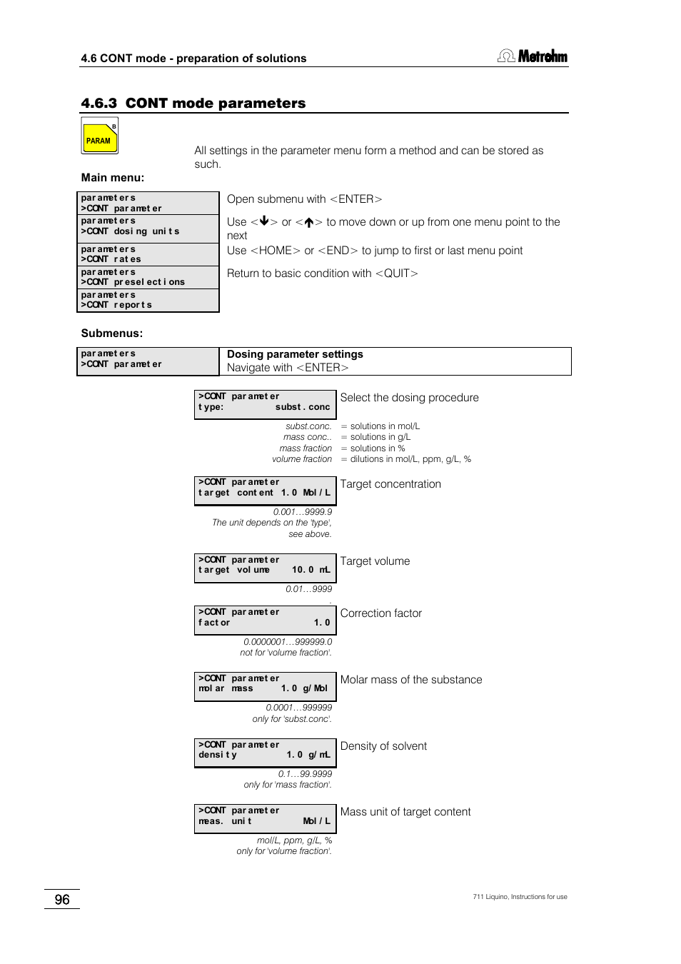 3 cont mode parameters | Metrohm 711 Liquino User Manual | Page 102 / 180