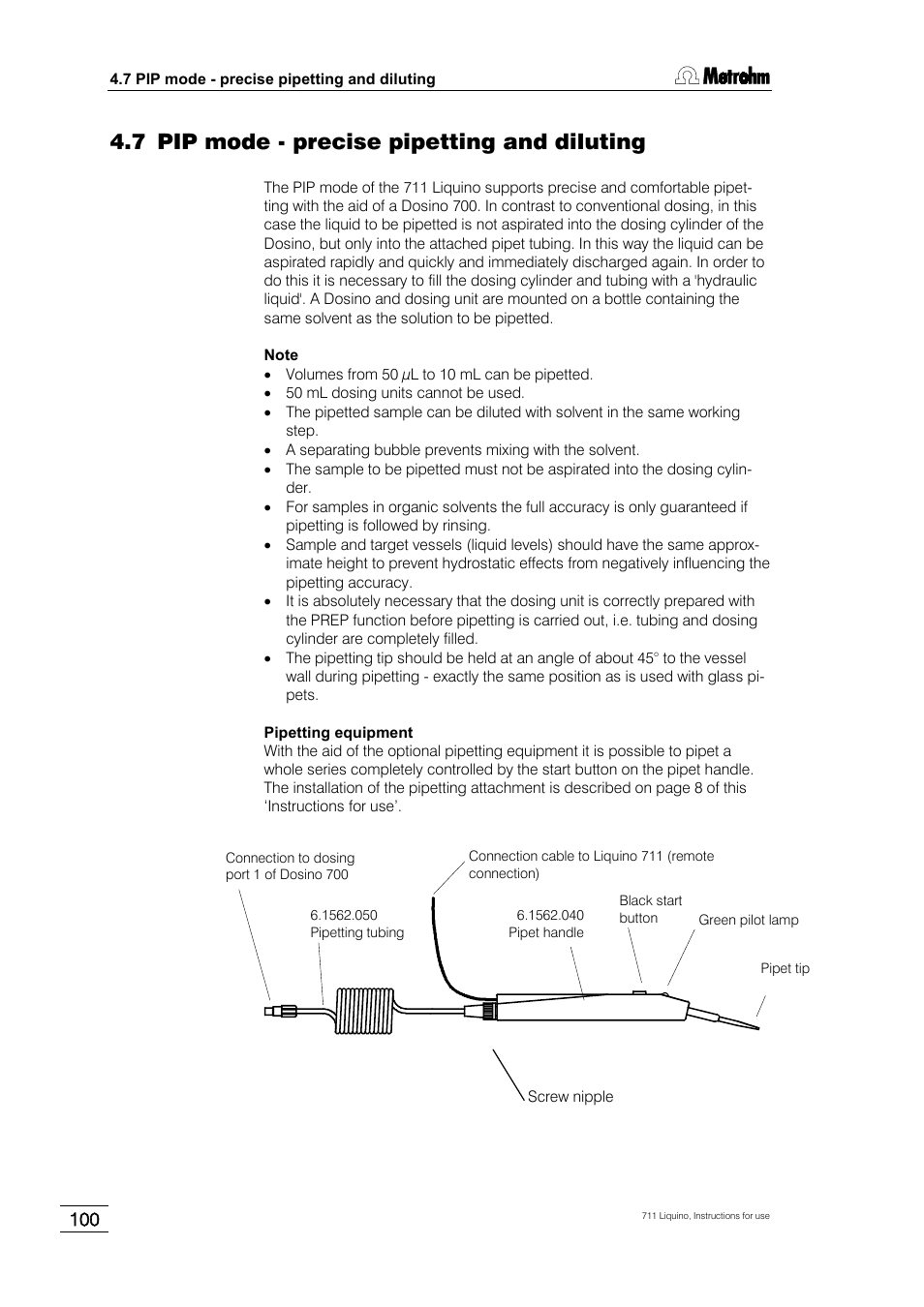 7 pip mode - precise pipetting and diluting | Metrohm 711 Liquino User Manual | Page 106 / 180