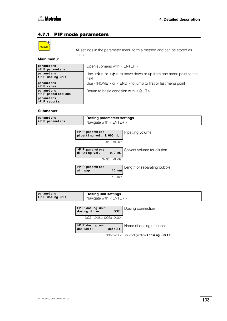 1 pip mode parameters | Metrohm 711 Liquino User Manual | Page 109 / 180