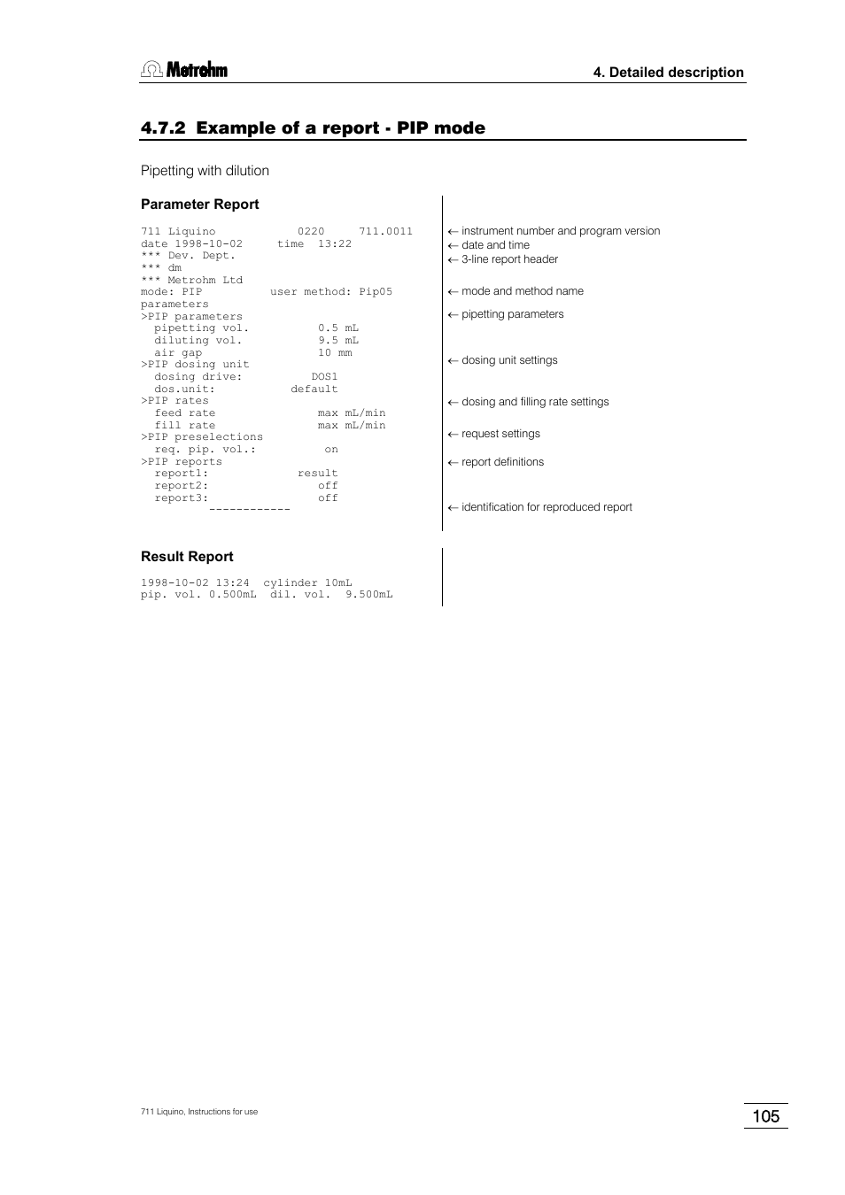 2 example of a report - pip mode | Metrohm 711 Liquino User Manual | Page 111 / 180