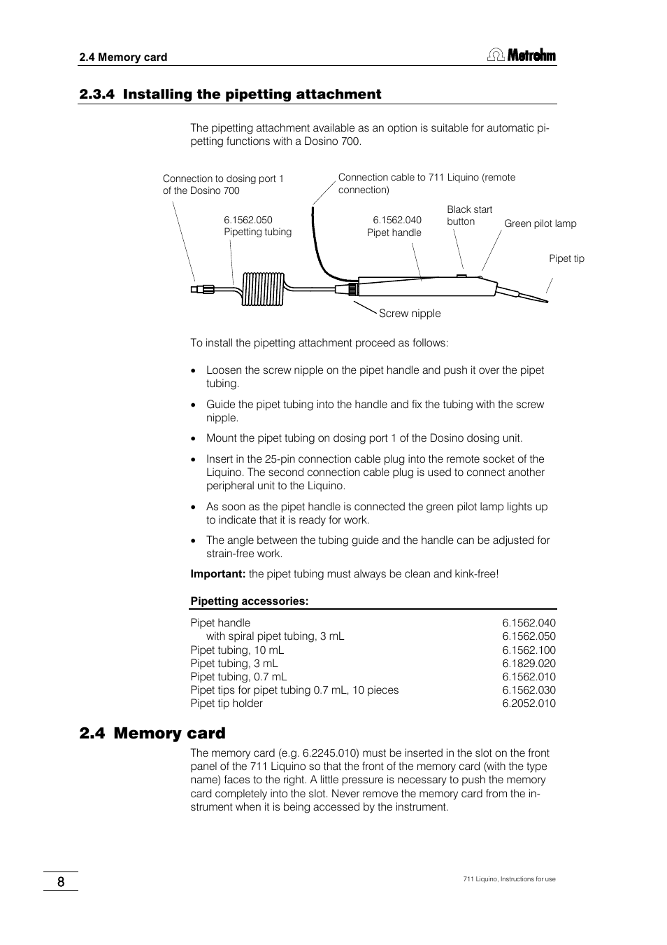 4 installing the pipetting attachment, 4 memory card | Metrohm 711 Liquino User Manual | Page 14 / 180