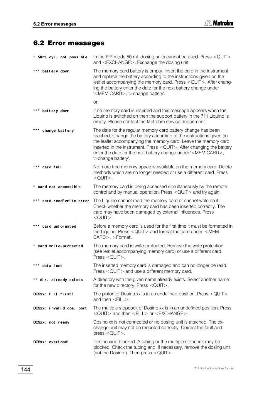 2 error messages | Metrohm 711 Liquino User Manual | Page 150 / 180