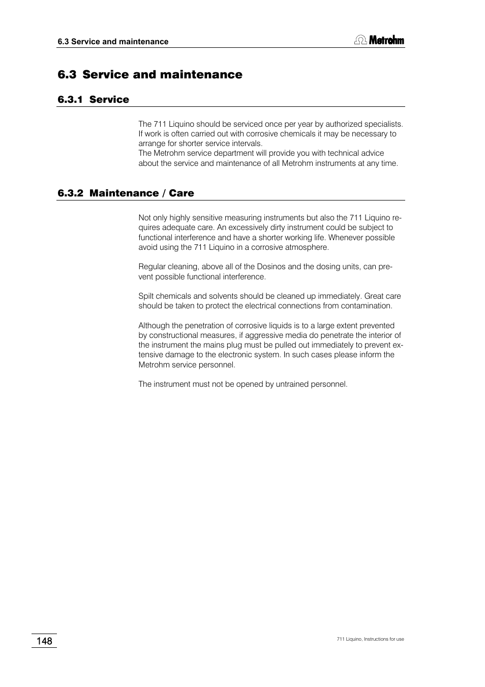 3 service and maintenance, 1 service, 2 maintenance / care | Metrohm 711 Liquino User Manual | Page 154 / 180