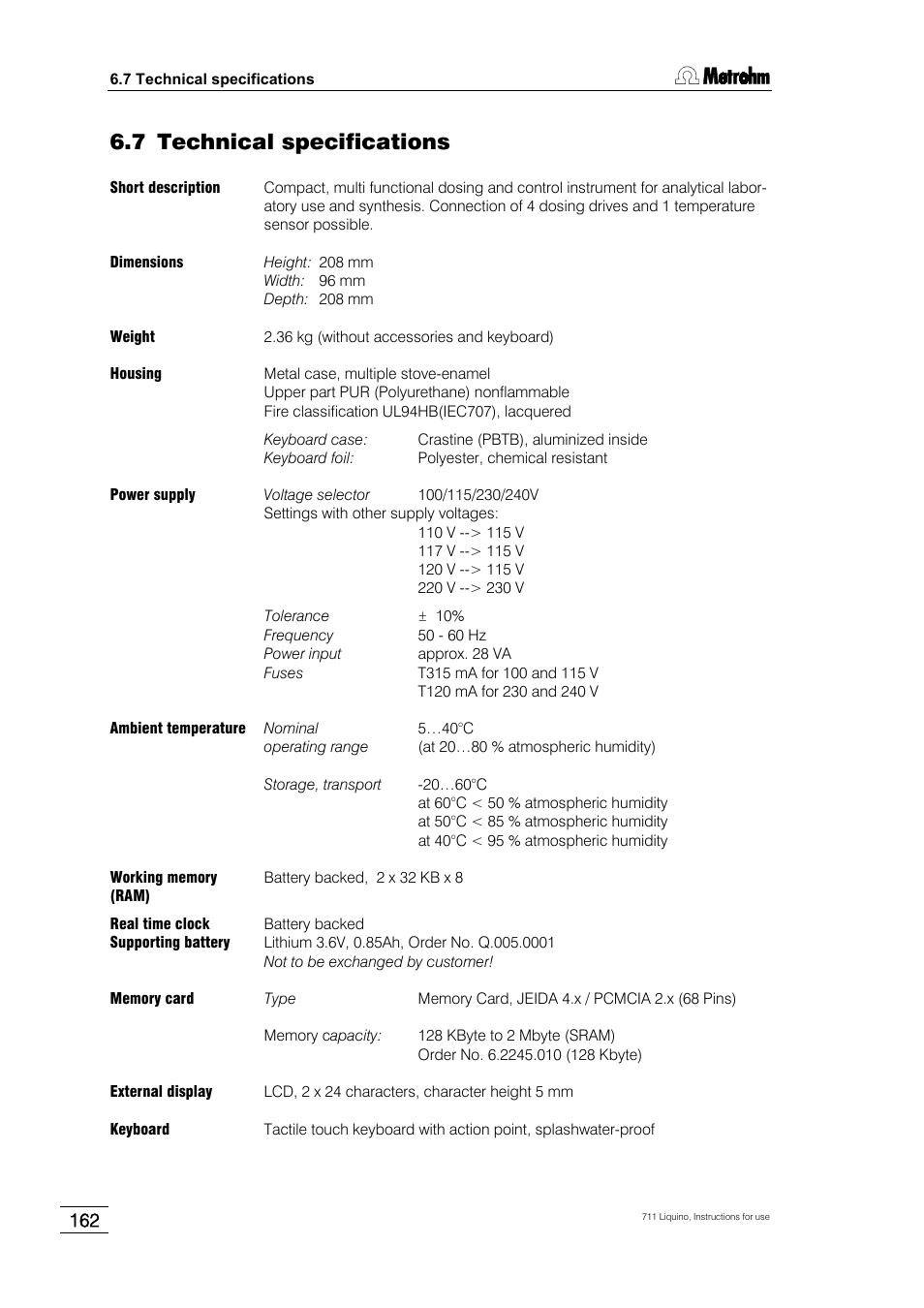 7 technical specifications | Metrohm 711 Liquino User Manual | Page 168 / 180