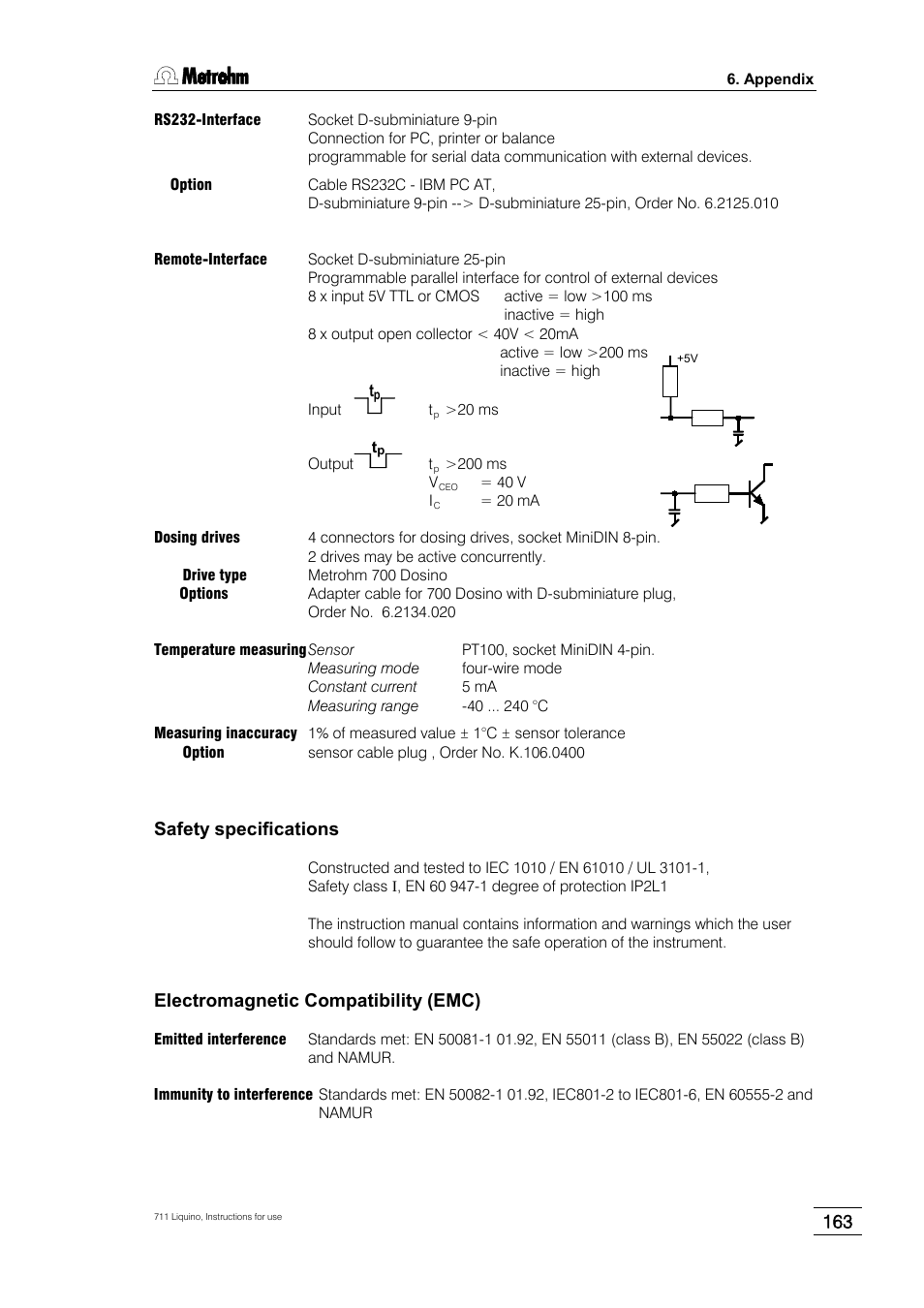 Safety specifications, Electromagnetic compatibility (emc) | Metrohm 711 Liquino User Manual | Page 169 / 180