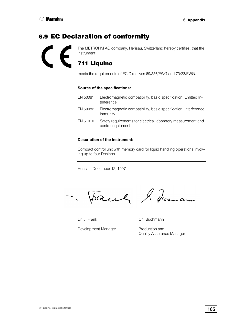 9 ec declaration of conformity, Ec declaration of conformity, 711 liquino | Metrohm 711 Liquino User Manual | Page 171 / 180