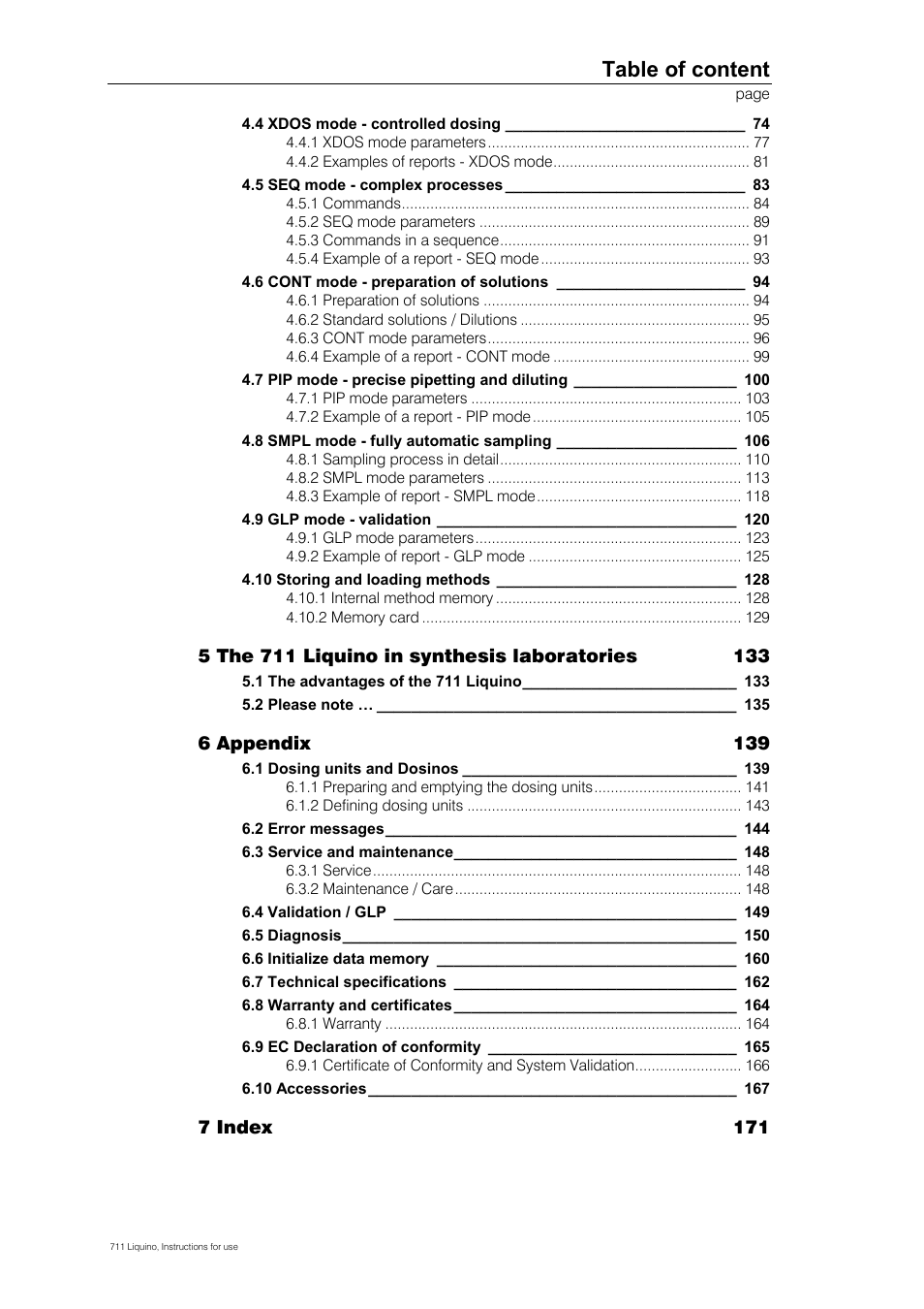 Table of content | Metrohm 711 Liquino User Manual | Page 6 / 180