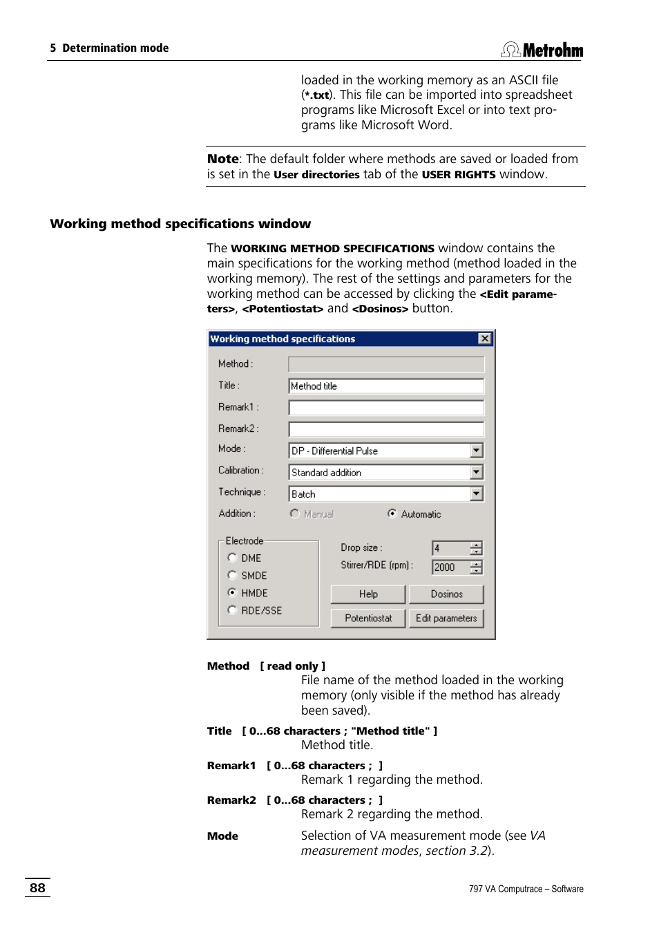Working method specifications window | Metrohm 797 VA Computrace User Manual | Page 100 / 295