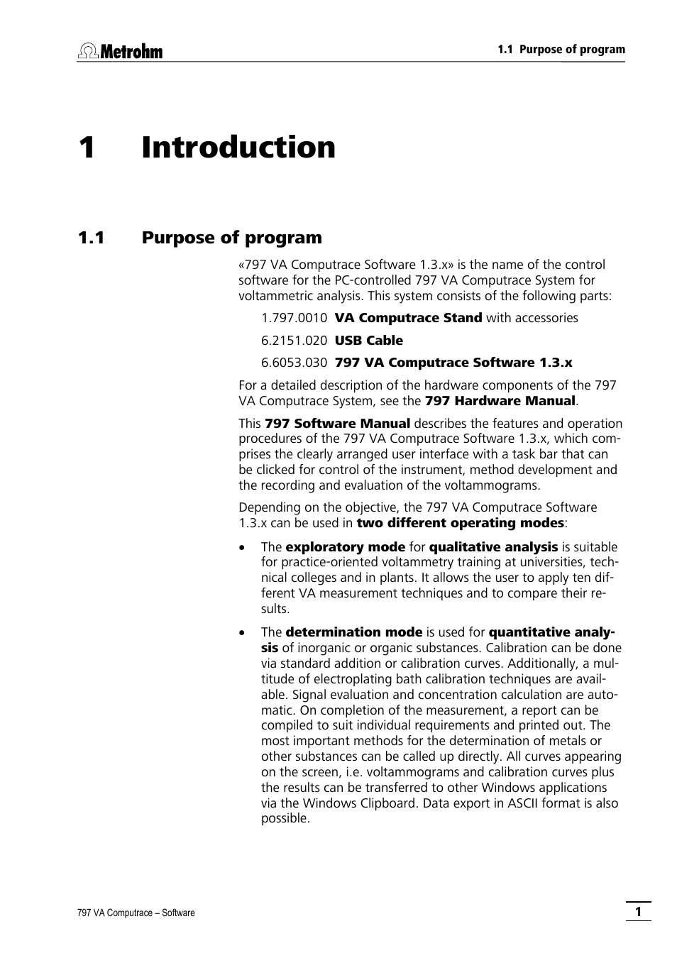 1 introduction, 1 purpose of program, Introduction | Metrohm 797 VA Computrace User Manual | Page 13 / 295