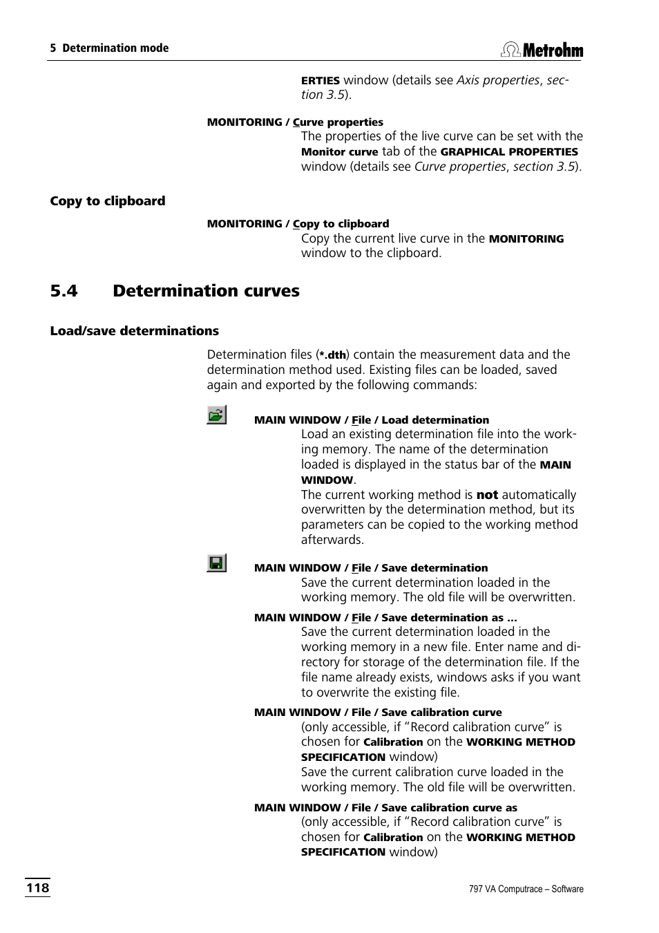 Copy to clipboard, 4 determination curves, Load/save determinations | Metrohm 797 VA Computrace User Manual | Page 130 / 295