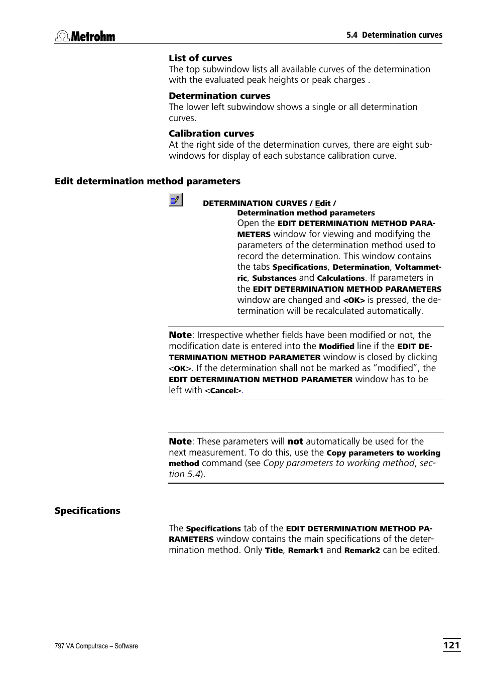 Edit determination method parameters, Specifications | Metrohm 797 VA Computrace User Manual | Page 133 / 295