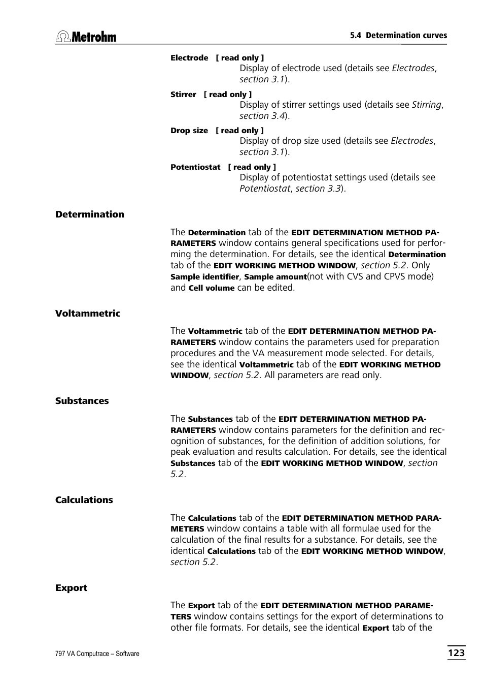 Determination, Voltammetric, Substances | Calculations, Export | Metrohm 797 VA Computrace User Manual | Page 135 / 295