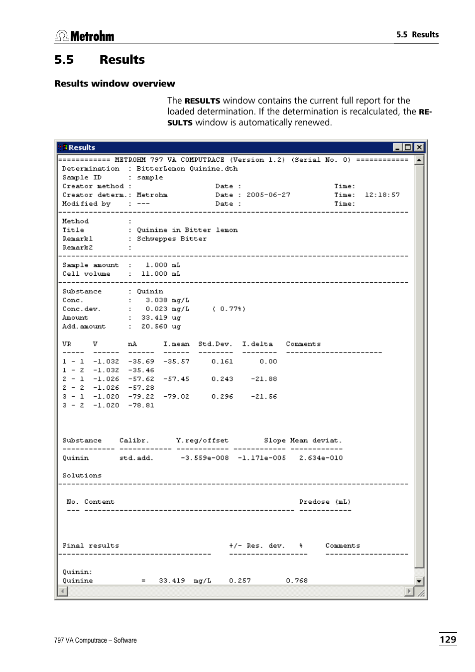 5 results, Results window overview | Metrohm 797 VA Computrace User Manual | Page 141 / 295