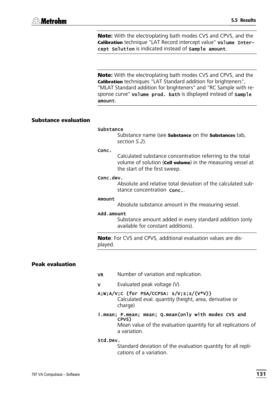 Substance evaluation, Peak evaluation, Substance evaluation peak evaluation | Metrohm 797 VA Computrace User Manual | Page 143 / 295
