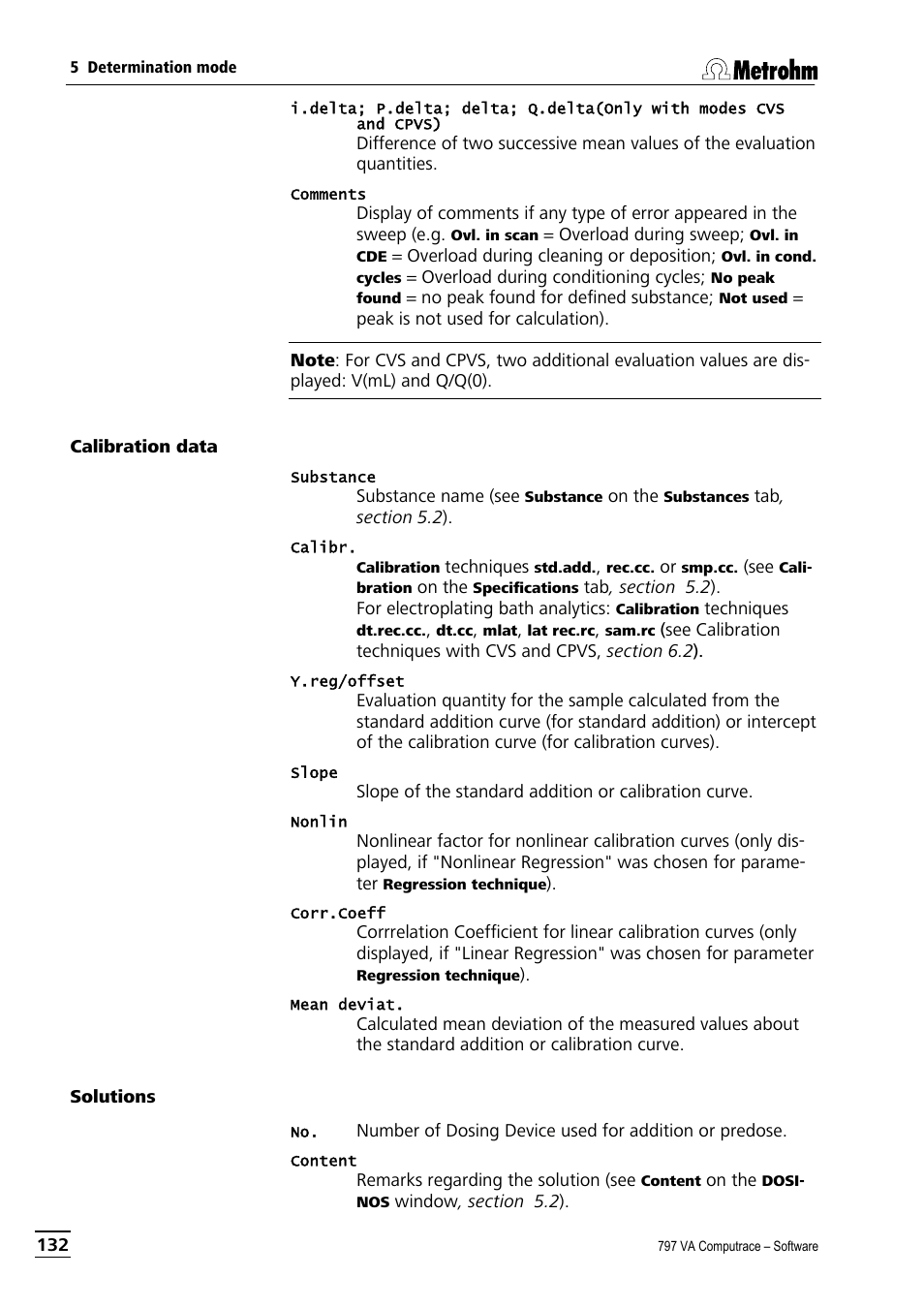 Calibration data, Solutions, Calibration data solutions | Metrohm 797 VA Computrace User Manual | Page 144 / 295