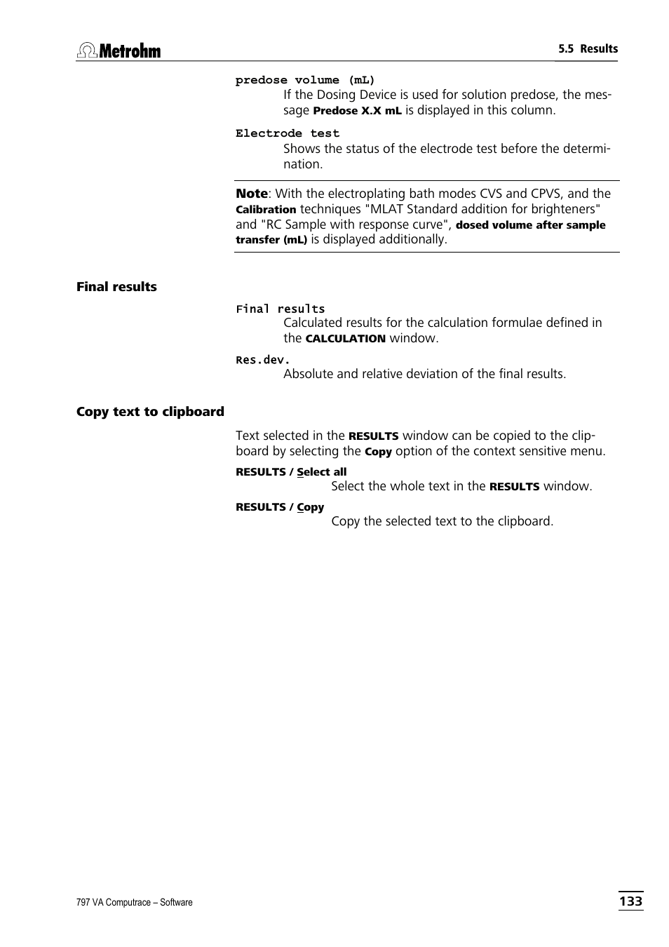 Final results, Copy text to clipboard, Final results copy text to clipboard | Metrohm 797 VA Computrace User Manual | Page 145 / 295