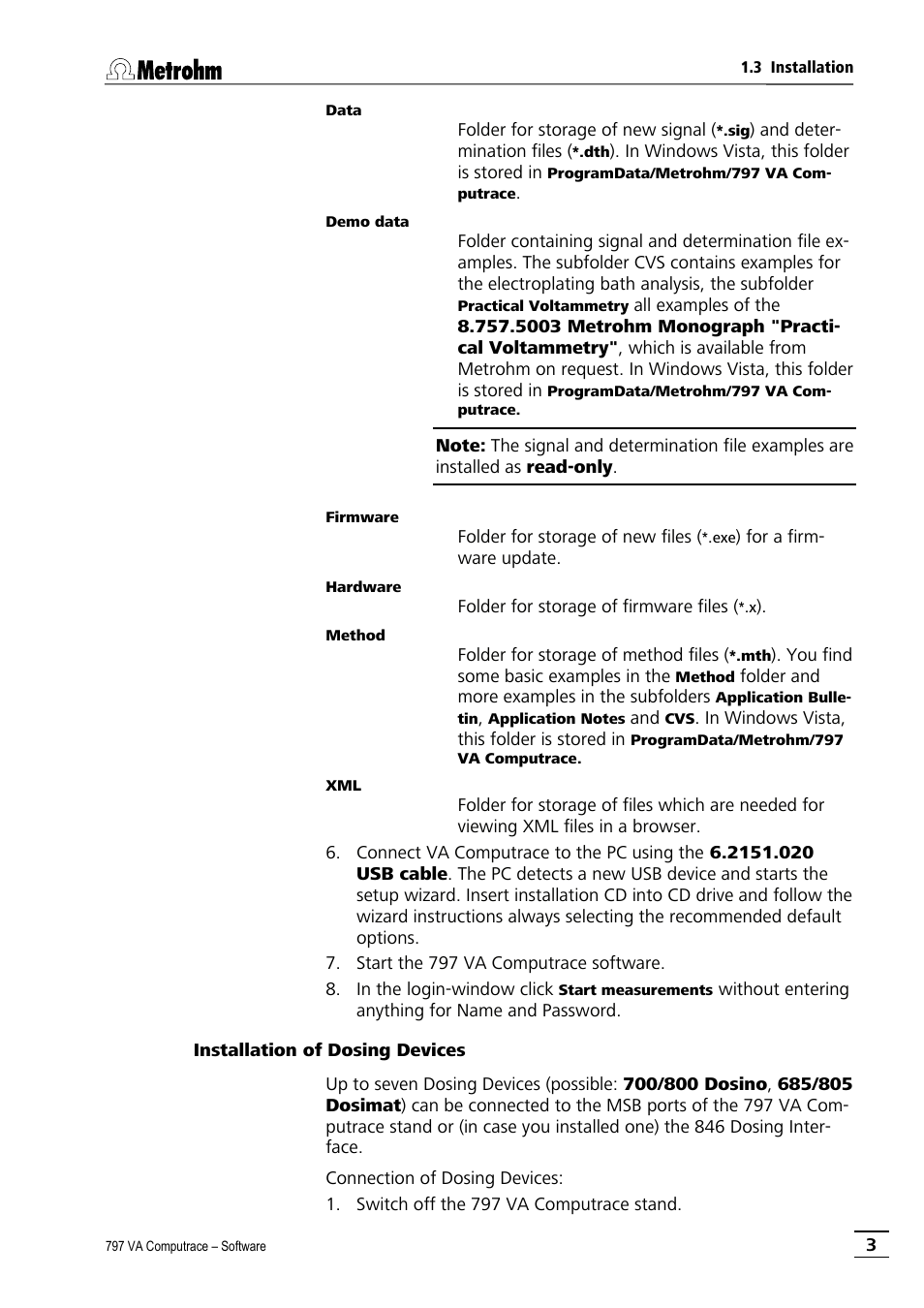 Installation of dosing devices | Metrohm 797 VA Computrace User Manual | Page 15 / 295