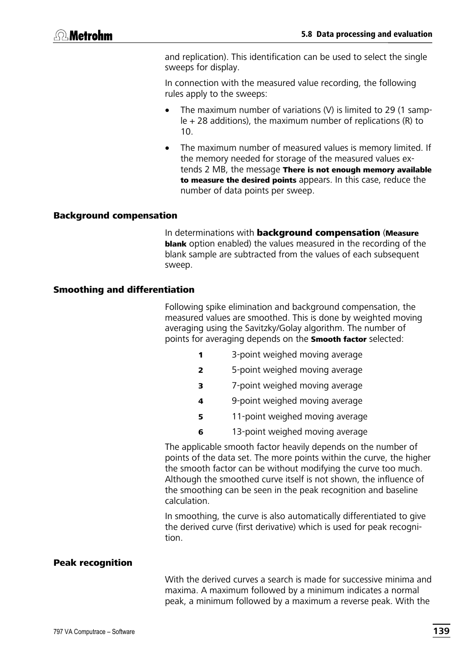 Background compensation, Smoothing and differentiation, Peak recognition | Metrohm 797 VA Computrace User Manual | Page 151 / 295