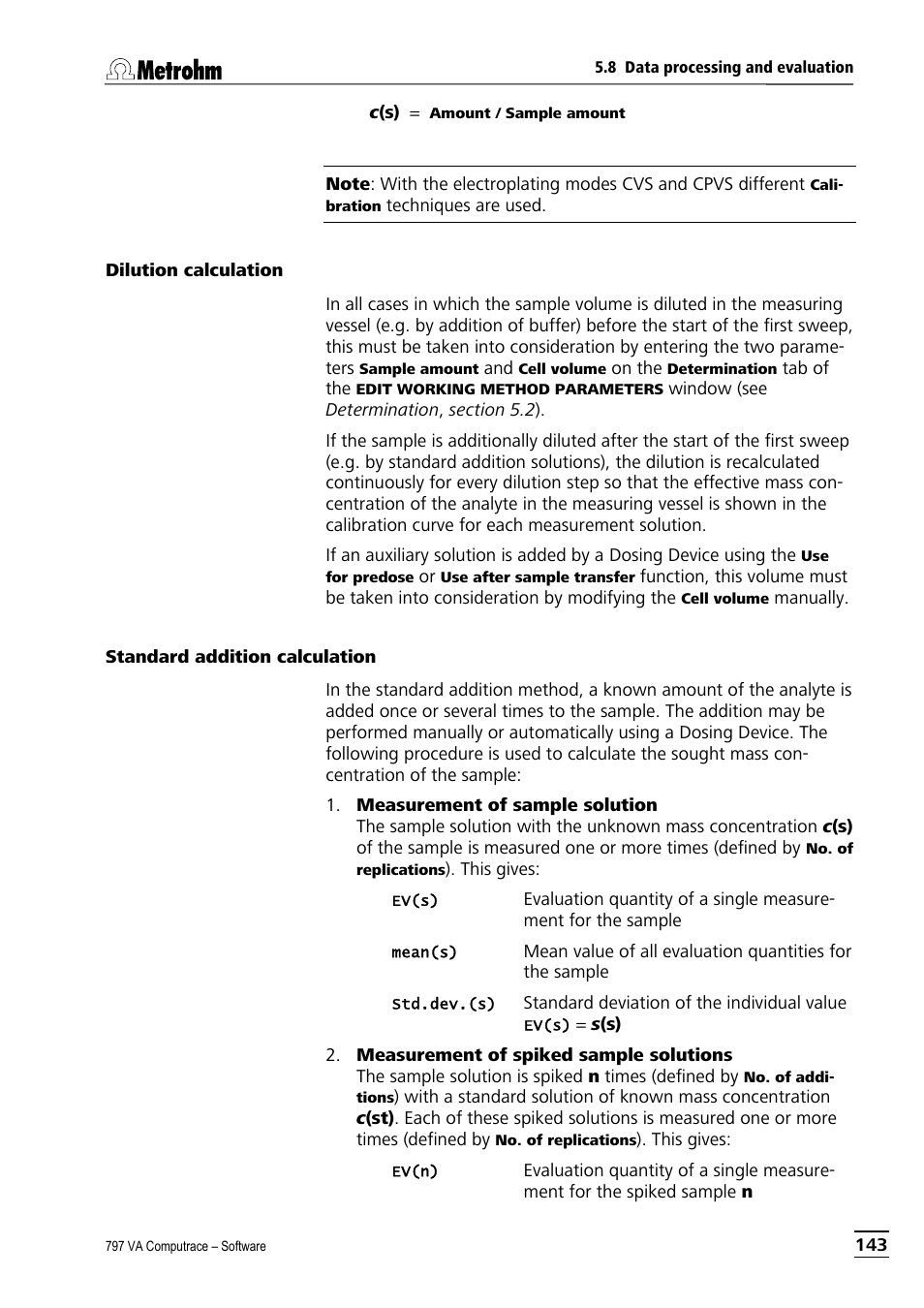 Dilution calculation, Standard addition calculation, Dilution calculation standard addition calculation | Metrohm 797 VA Computrace User Manual | Page 155 / 295