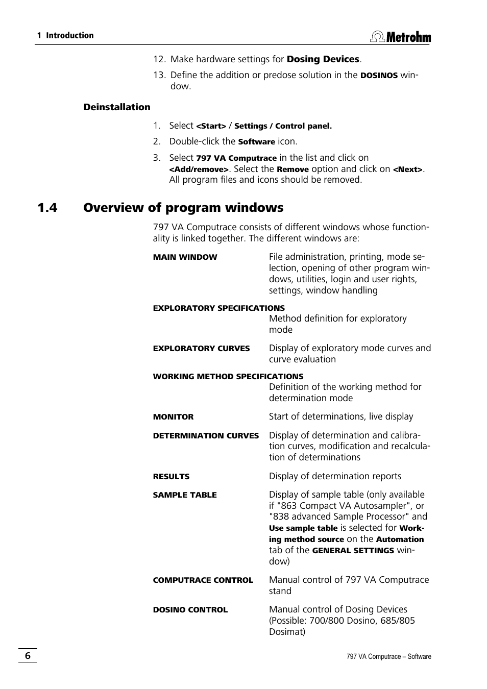 Deinstallation, 4 overview of program windows | Metrohm 797 VA Computrace User Manual | Page 18 / 295