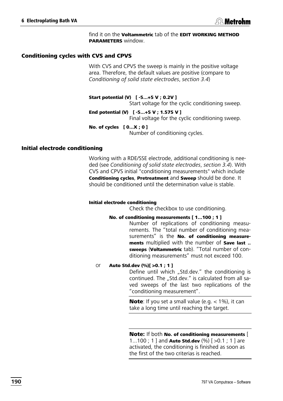 Conditioning cycles with cvs and cpvs, Initial electrode conditioning | Metrohm 797 VA Computrace User Manual | Page 202 / 295