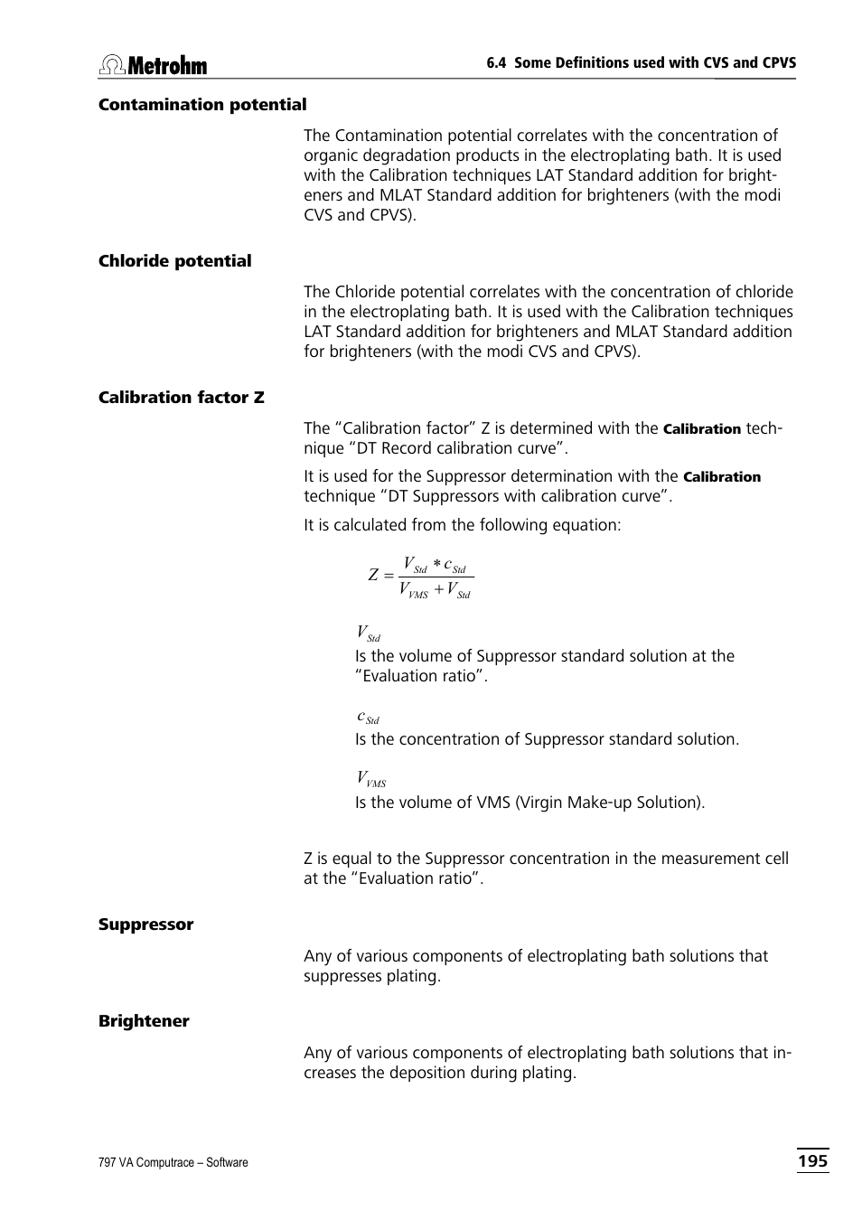 Contamination potential, Chloride potential, Calibration factor z | Suppressor, Brightener | Metrohm 797 VA Computrace User Manual | Page 207 / 295