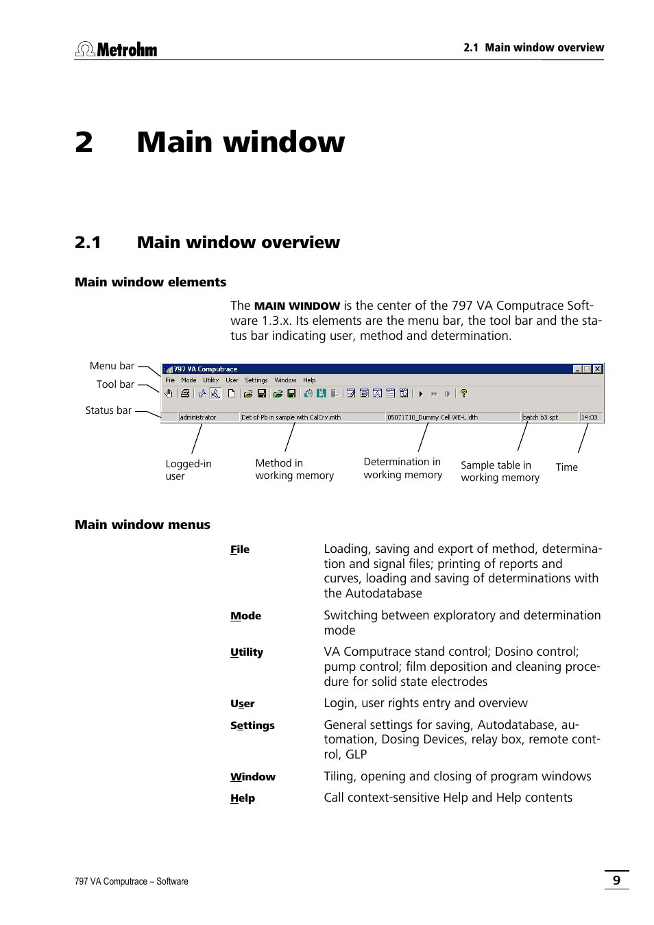 2 main window, 1 main window overview, Main window elements | Main window menus, Main window, Main window elements main window menus | Metrohm 797 VA Computrace User Manual | Page 21 / 295