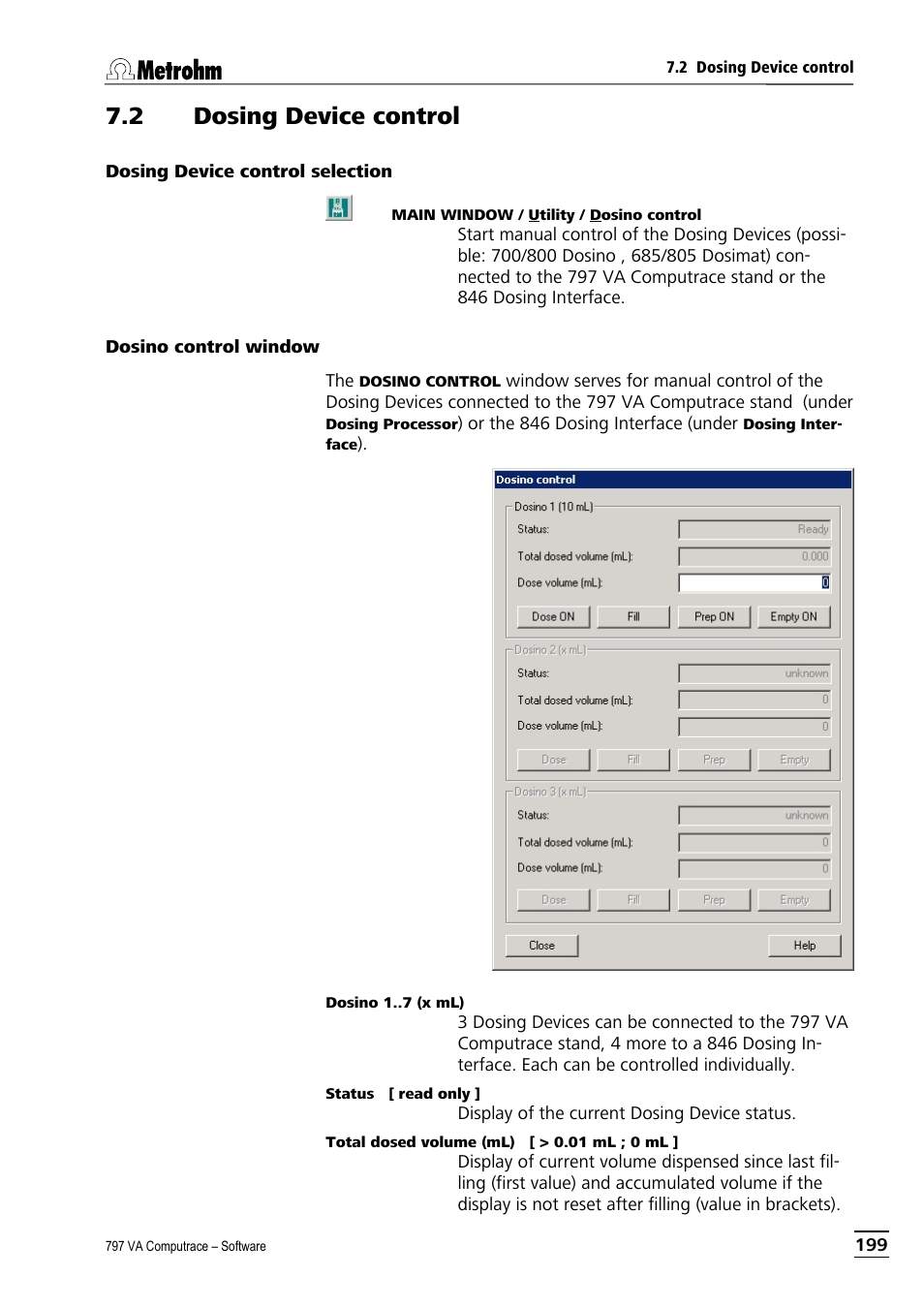 2 dosing device control, Dosing device control selection, Dosino control window | Metrohm 797 VA Computrace User Manual | Page 211 / 295