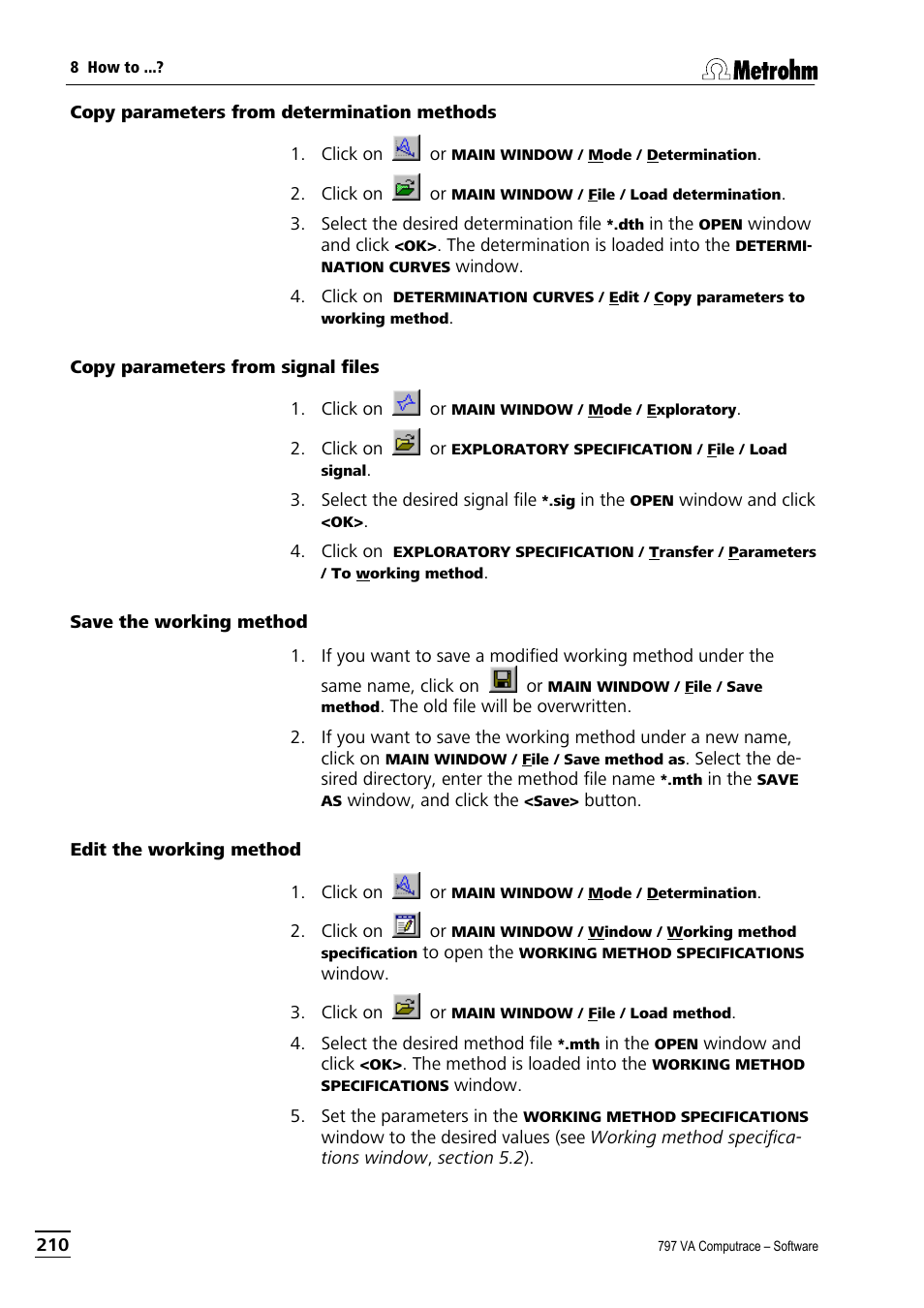 Copy parameters from determination methods, Copy parameters from signal files, Save the working method | Edit the working method | Metrohm 797 VA Computrace User Manual | Page 222 / 295