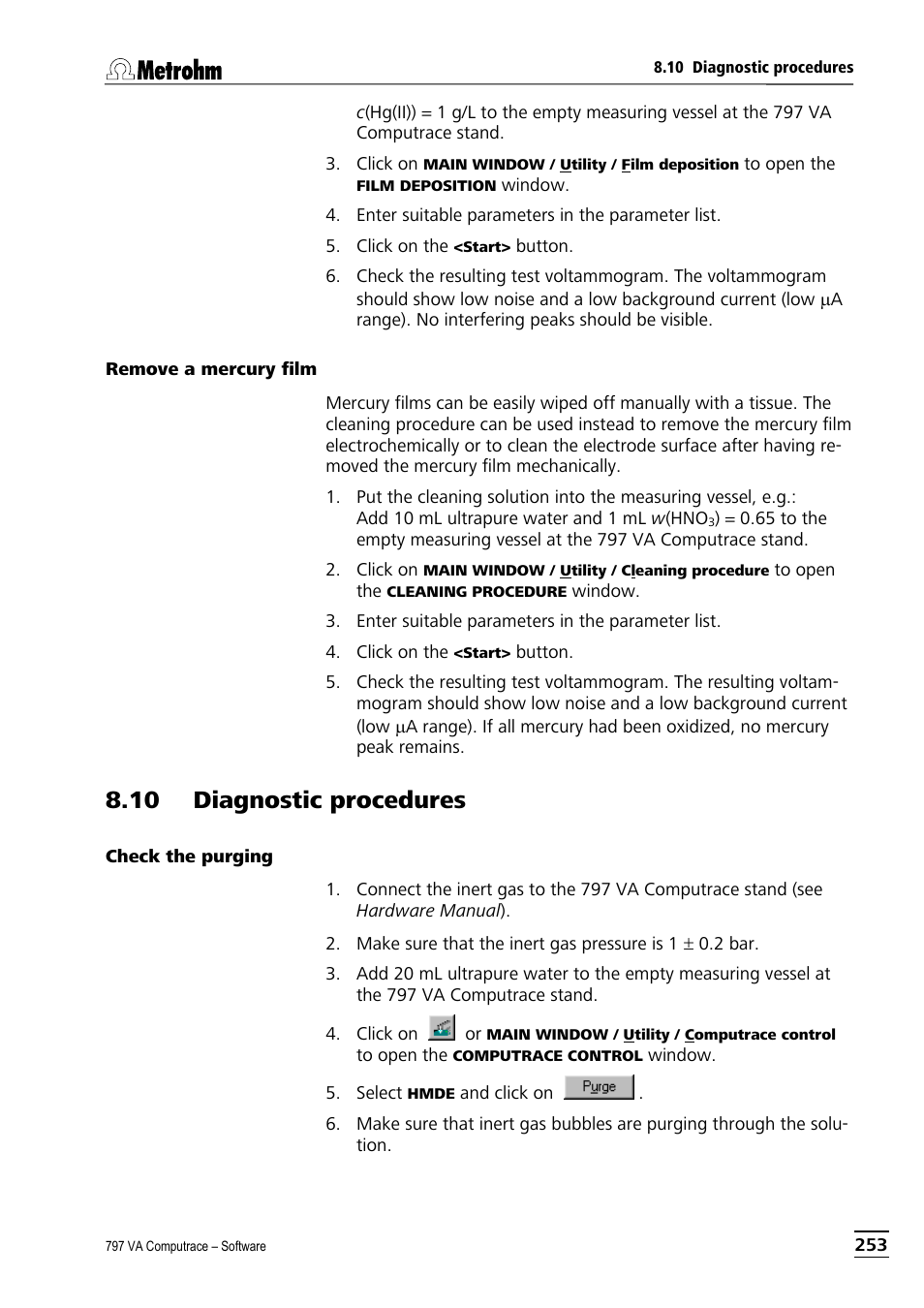 Remove a mercury film, 10 diagnostic procedures, Check the purging | Metrohm 797 VA Computrace User Manual | Page 265 / 295