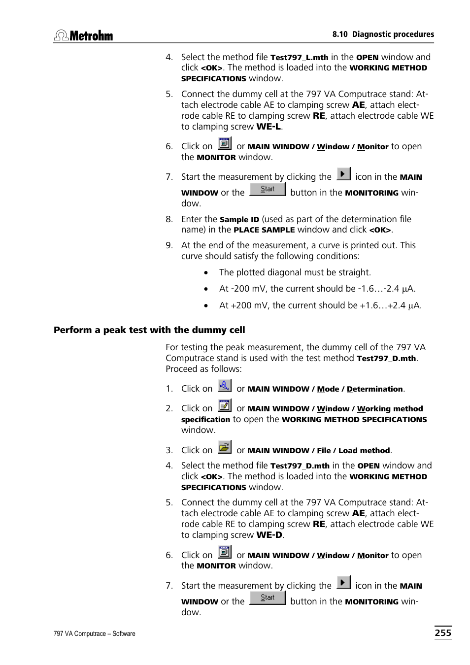 Perform a peak test with the dummy cell | Metrohm 797 VA Computrace User Manual | Page 267 / 295