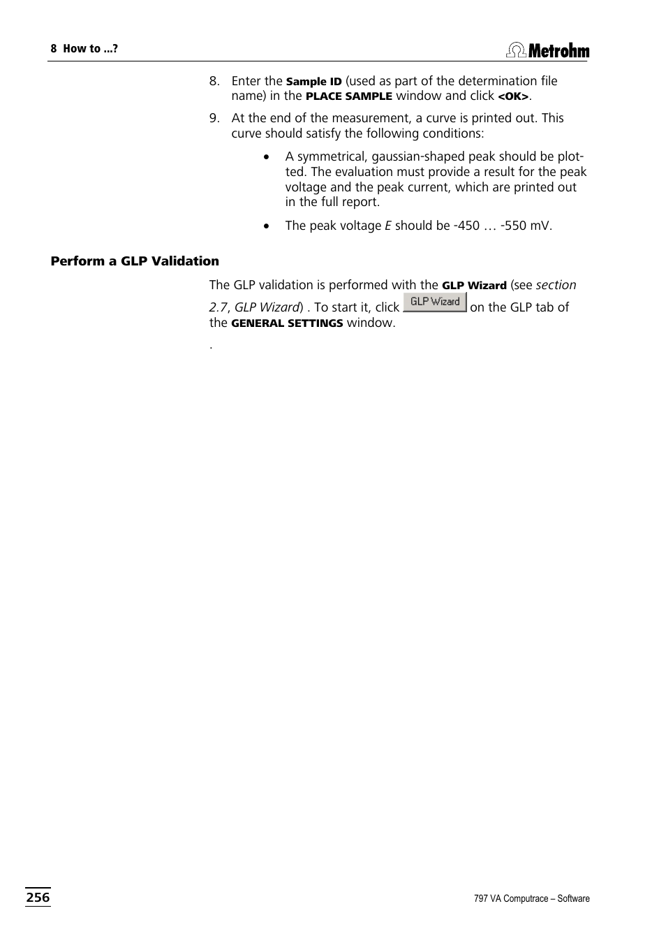 Perform a glp validation | Metrohm 797 VA Computrace User Manual | Page 268 / 295