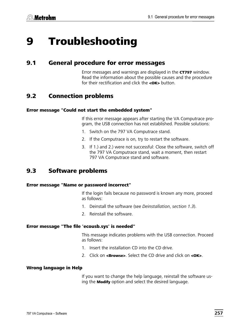 9 troubleshooting, 1 general procedure for error messages, 2 connection problems | Error message 