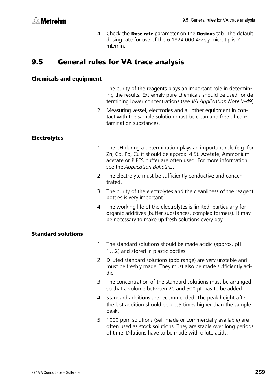 5 general rules for va trace analysis, Chemicals and equipment, Electrolytes | Standard solutions | Metrohm 797 VA Computrace User Manual | Page 271 / 295