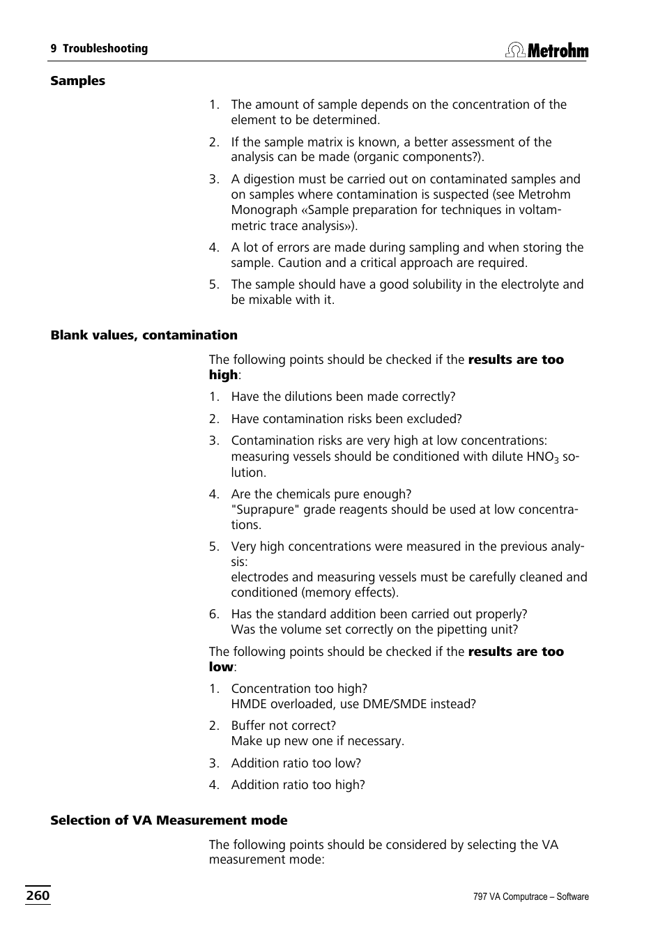 Samples, Blank values, contamination, Selection of va measurement mode | Metrohm 797 VA Computrace User Manual | Page 272 / 295