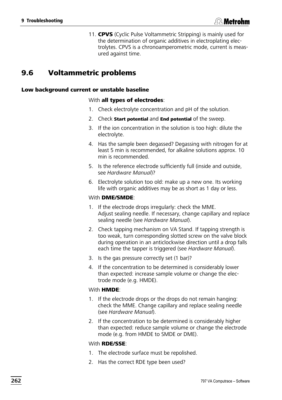 6 voltammetric problems, Low background current or unstable baseline | Metrohm 797 VA Computrace User Manual | Page 274 / 295
