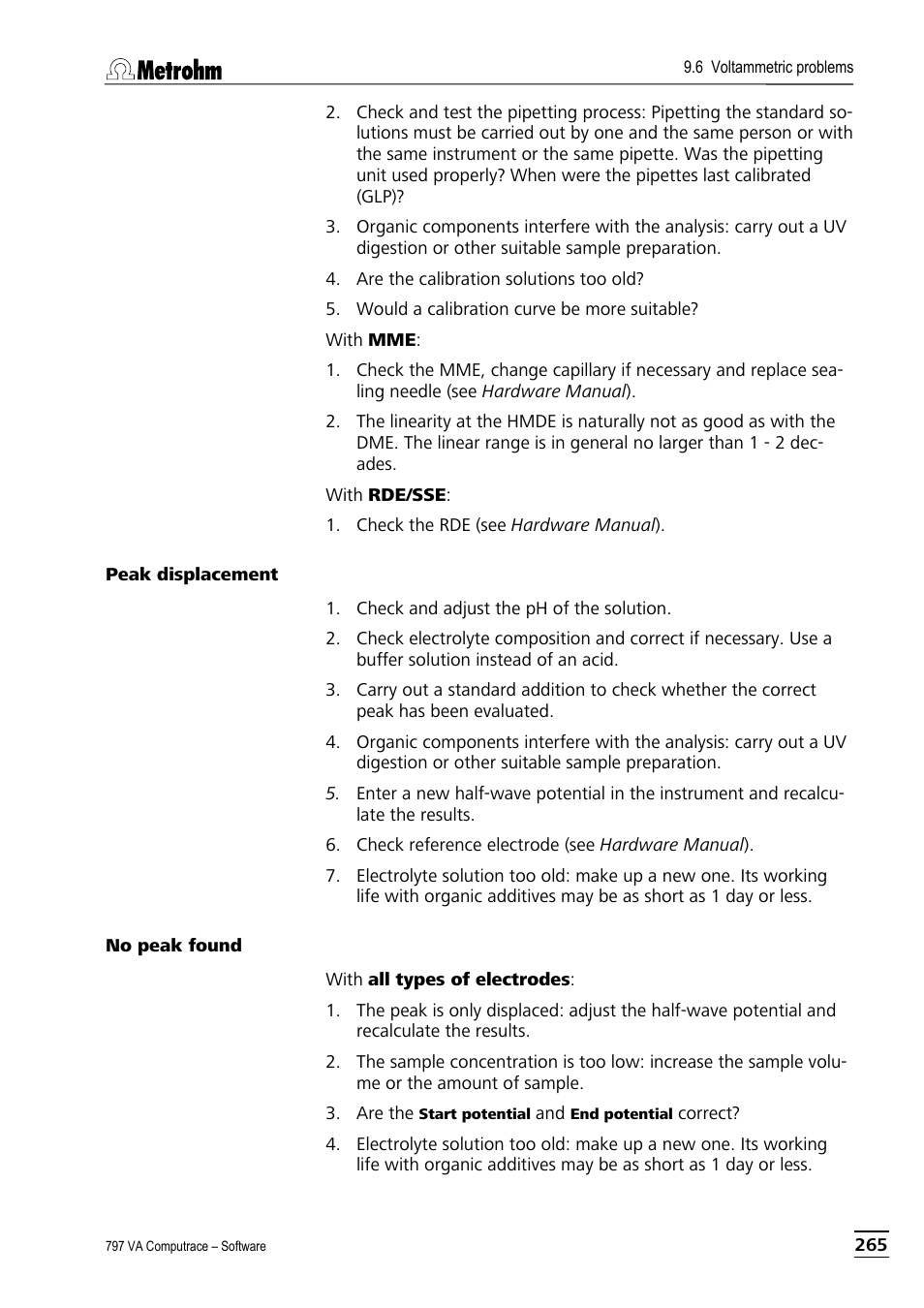 Peak displacement, No peak found | Metrohm 797 VA Computrace User Manual | Page 277 / 295